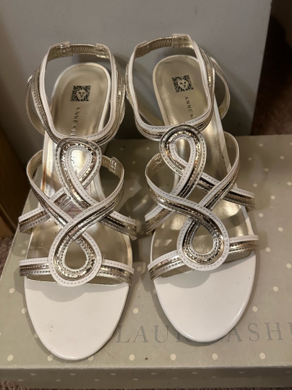 Anne Klein White and Gold Strappy Dress Sandals
